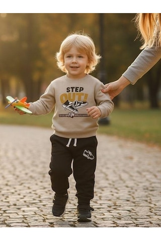 Zekids Erkek Çocuk Pamuklu Step Out Baskılı Eşofman Takımı-16348 Taş