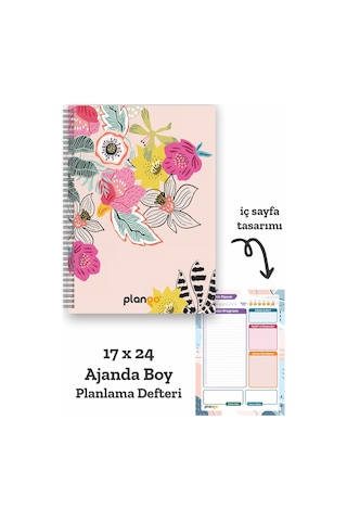 Renkli Çiçekler Spiralli Günlük Planlama Defteri - 100 Sayfa - 17x24 Planlayıcı Defter Beyaz - Mor