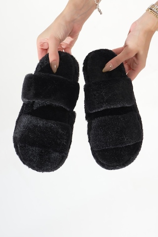 Tonny Black Çift Bantlı Peluş Kadın Siyah Ev Terliği Tbtbr020 Siyah