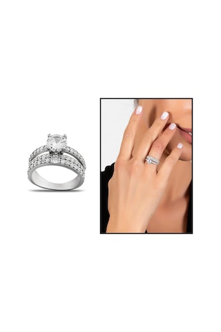 Zirkon Taşlı Çift Sıra Tasarım 925 Ayar Gümüş Kadın Tektaş Yüzük Beyaz