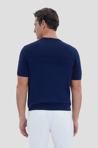 Sabri Özel Erkek Lacivert Dar Kesim Slim Fit Viskon Jakarlı Triko Bisiklet Yaka Tişört