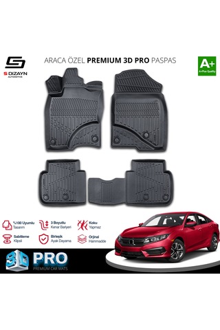 S-dizayn Honda Civic 3d Pro Havuzlu Paspas 2016-2021 A+ Kalite