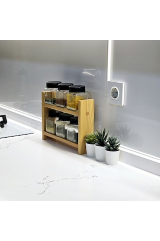 6'lı Baharatlık Standlı Cam Çift Yönlü Kapak 1. Sınıf Kalite Çam Bambu