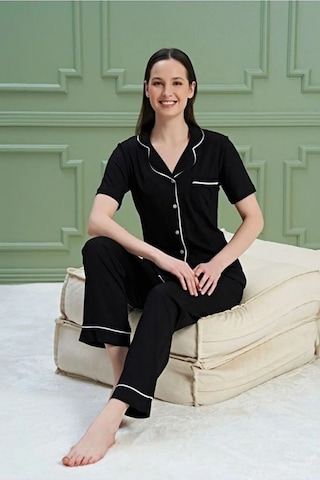Over Sleep By Poleren Kadın Pijama Takımı Kısa Kollu Modal Önden Düğmeli Gömlek Yaka Siyah
