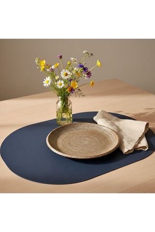 6 Kişilik 12 Parça Lacivert Tam Oval Deri Amerikan Servis Supla 33x44 Cm-kolay Silinir Supla