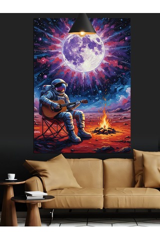 Ay Işığı Manzarasında Uzayda Gitar Çalan Astronot Dekoratif Kanvas - Mdf Ahşap Tablo