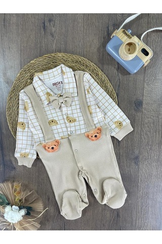 Bebicix Kaşkorse Esnek Papyonlu Ayıcık Figürlü Patikli Çıtçıtlı Erkek Bebek Tulum Kahve