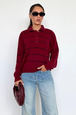 Madmext Bordo Çizgili Polo Yaka Kadın Triko Kazak Mg2470 Bordo
