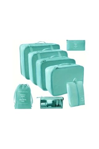 Fochsia Makyaj Çantası Sekiz Parça Set Parlak Mavi 8 Parça Seyahat Saklama Organizer Ahşap