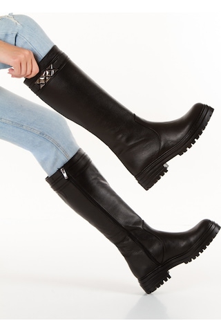 İlolica Hakiki Deri Kalın Taban Kadın Çizme Siyah
