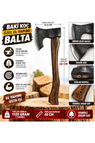 Özel El Yapımı Vernikli Saplı Balta Dövme Çelik Nacak Özel Yapım 1120 Gram Ağırlıkta Keskin Kamp Baltası