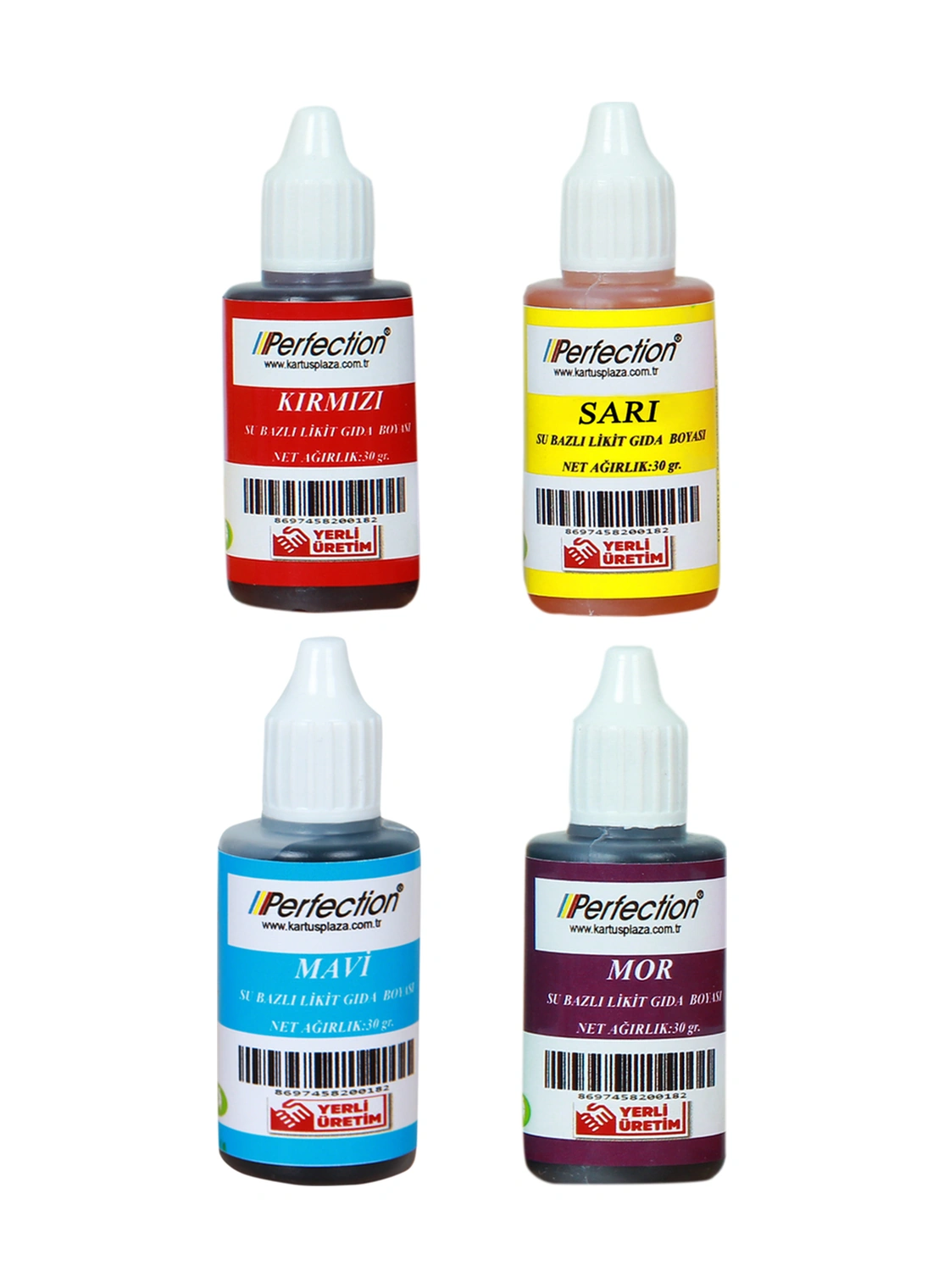 Perfection Chef 4'lü Sıvı Su Bazlı Likit Gıda Boyası Sarı Kırmızı Mavi Mor 4 X 30 Gr .
