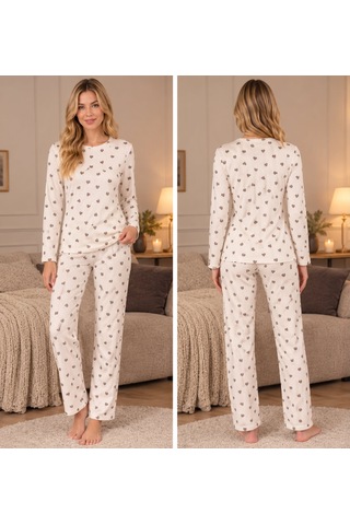 Lila İç Giyim Kadın Ekru Kalp Desenli Fitilli Kaşkorse Pijama Takımı Uzun Kollu Ev Giyimi