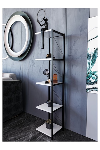 Alpa Ev Mobilya 5 Katlı Kare Raflı Metal Köşe Raf, Dekoratif Kitaplık Ve Modern Saksılık Beyaz