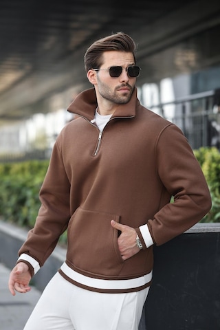 Madmext Kahverengi Fermuarlı Dik Yaka Kanguru Cep Erkek Sweatshirt E7159 Kahverengi
