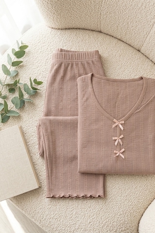 Mataş Kadın Bambu Viskon Transfer Ribana Kısa Kollu Düğmeli Biyeli Soft Örme Pijama Takımı Kahverengi
