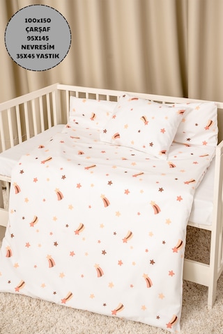 Bebek Nevresim Takımı Fermuarlı 95x145 CM Kahve Yıldız