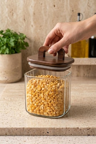 Atbyhome Akasya Saplı Cam Kavanoz 700 Ml - Vakumlu Çizgili Cam Baharatlık Kahve Ve Bakliyat Kabı Kahverengi