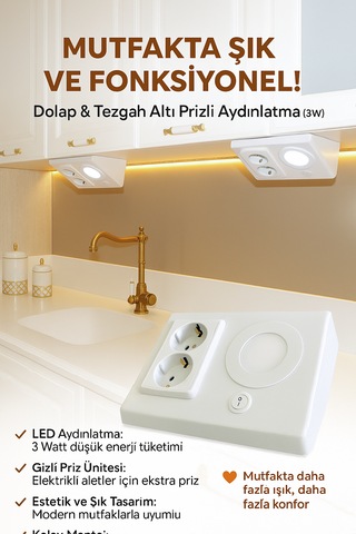 Dolap Ve Tezgah Altı Prizli Led Aydınlatma 3 Watt Beyaz Işık
