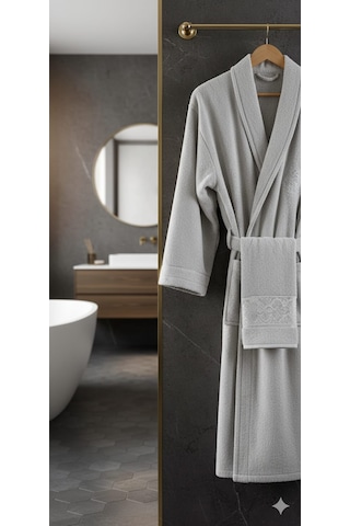 Belinis %100 Pamuk Otel & Spa Kalitesinde Yumuşak Yüksek Su Emici 1 Adet Bornoz 1 Adet 50 X90 Cm Havlu Renk Gri Açik Gri
