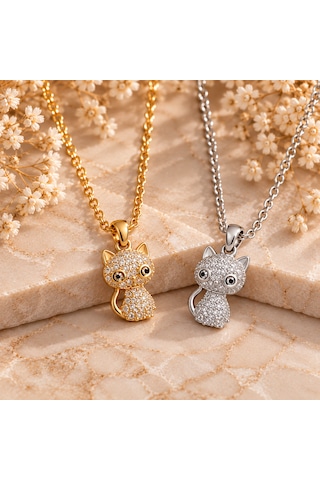 Gold & Gümüş Taşlı Kedi Figürlü Kolye Altın