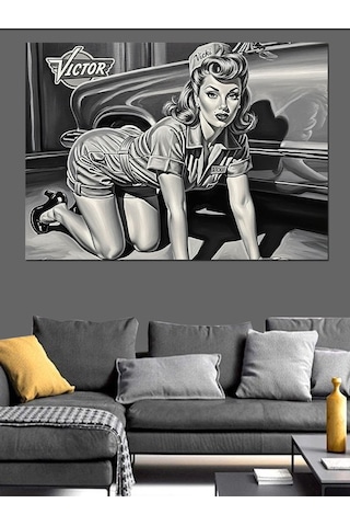 Mini Elbiseli Tamirci Pin Up Kadın Dekoratif Kanvas - Mdf Ahşap Tablo