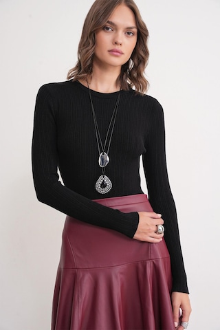 Mixray 6938 Kadın Bisiklet Yaka Fitilli Triko Body Siyah