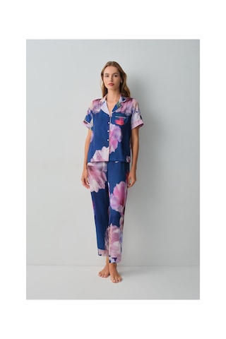 Suwen Floral Gömlek Yaka Pijama Takımı Wsh10510071377 Petrol Mavisi
