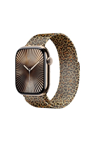 Apple Watch Uyumlu  42mm Zore Krd-01 Leopar Desenli Metal Kordon