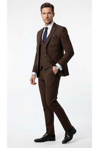 Erkek 3 Parça Slim Fit Takım Elbise Klasik Likralı Kumaş, Tek Düğme, Çift Yırtmaçlı Modern Kesim Ceket Yelek Pantolon Kahverengi