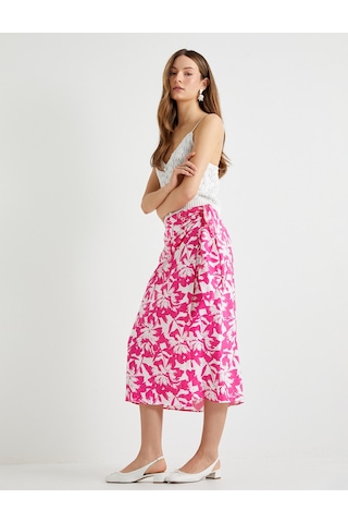 Koton Midi Çiçekli Kruvaze Etek Bağlama Detaylı Pembe Desenli 4sak70255pw Pembe Desenli