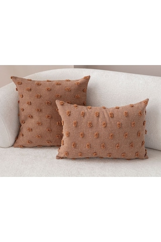 Swita Home Dekoratif Puantiye Keten Kumaşlı Kırlent Kılıfı 2'li 43x43 - 30x50 Kahverengi