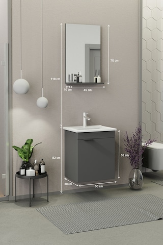 Biani Fix Arya Slım 50 Cm Banyo Dolabı,Seramik Lavabolu, Aynalı,Lavabo Dahil,Mdf,Mat Gri