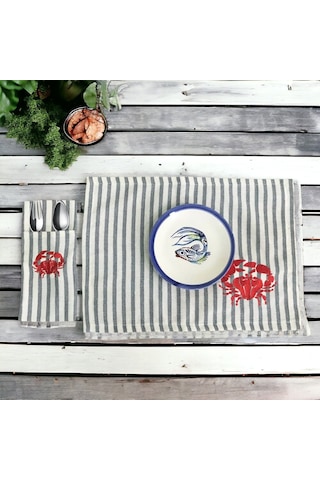 Çizgili Keten Yengeç Nakışlı Amerikan Servis Ve Çatal Kaşıklık So