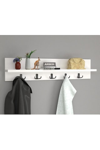 Ahşap Raflı Duvar Askılığı 5 Kancalı Portmanto Askı Anahtarlık Askısı Banyo Giriş Hol İçin 70 Cm Beyaz