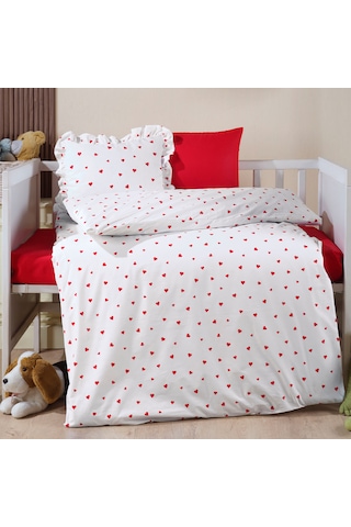 Lüks Ranforce Kumaşından Kırmızı Kalpli Bebek Nevresim Takımı 100x150 Kırmızı