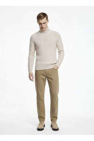 Alpha Studio Bej Erkek Balıkçı Yaka Regular Fit Baklava Desenli Kazak Au-3082h Mock Neck Raglan Sweater