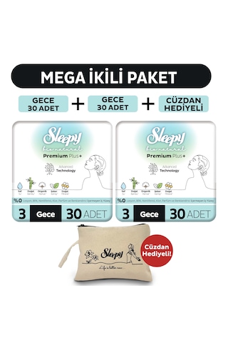 Sleepy Bio Natural Premium Plus Hijyenik Ped Mega Paket Gece 30x2 (60 Adet) + Cüzdan Hediyeli