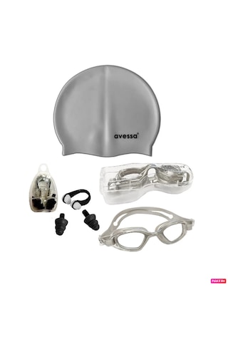 Avessa 3'lü Set Yetişkin Unisex Havuz Gözlüğü + Bone + Tıkac Gri Siyah