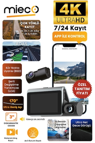 Mieco X18 Wifi /4k Uhd/ 170 Ultra Geniş Açı/ Adas/ G-sensör / 3 Kameralı Araç Kamerası