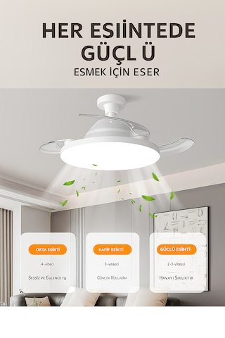 Led Işıklı Katlanabilir Akıllı Tavan Vantilatörü Sessiz Fan