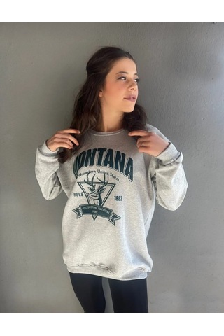 Montana Baskılı Unısex Sweat Açık Gri