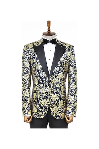 Wessi Gold Gül Desenli Slim Fit Lacivert Erkek Smokin Ceket Lacivert
