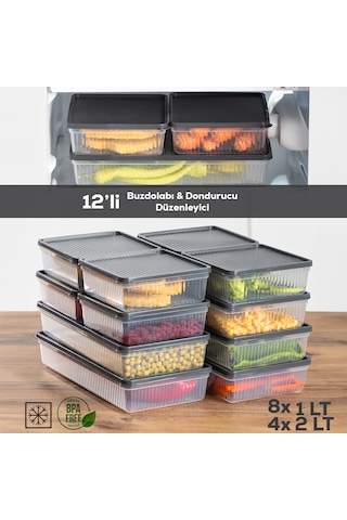 Porsima 1101-1169 12li Buzdolabı Organizer Mikrodalga Derin Dondurucu Buzluk Bakliyat Saklama Kabı-antrasit