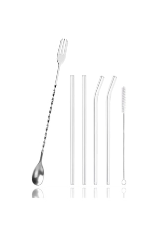 Burgulu Çatallı Bar Kaşığı 33 Cm Kokteyl Karıştırma Kaşığı & Cam Pipet Seti Gümüş