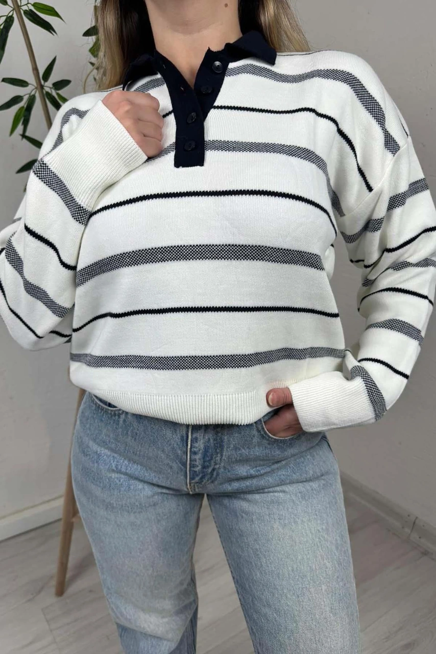 Explode - Kadın Krem Polo Yaka Çizgili Oversize Triko Kazak Krem