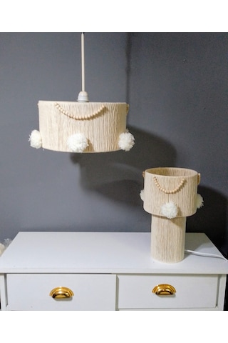 Makrome İp Avize Abajur Set Ekru Avize Boncuk Ponpon Makrome Abajur Ekru