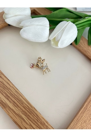 Zirkon Taşlı Geyik Gold Renk Gül Detaylı Broş Yaka İğnesi Altın