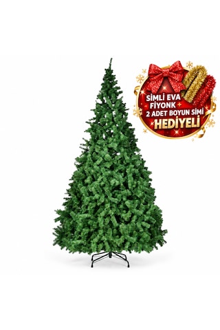 300 Cm 2000 Dallı Yapay Yılbaşı Çam Ağacı Simli Eva Fiyonk Ve 2 Adet Boyun Simi Hediyeli, Yeşil, Metal Ayaklı