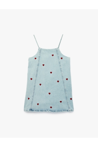 Koton Kare Yaka Kalp Desenli Askılı Denim Jile Elbise Lıght Indıgo 6smg80003ad Açık Mavi
